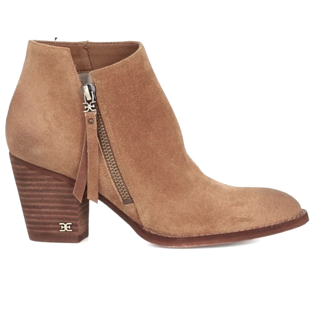 Sam Edelman Macon Tan Suede Leather Booties, Block Heel, Side Zip, Size 9M